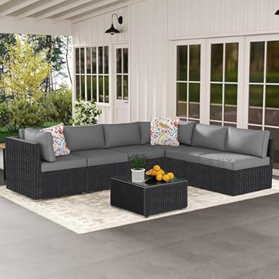 7-Piece Outdoor Patio Furniture Set, Outdoor Couch - Handwoven All-Weather Rattan & 4” Thick Waterproof Cushions, Wicker Outdoor Conversation Sets with Coffee Table for Backyard, 2026, Black/Grey