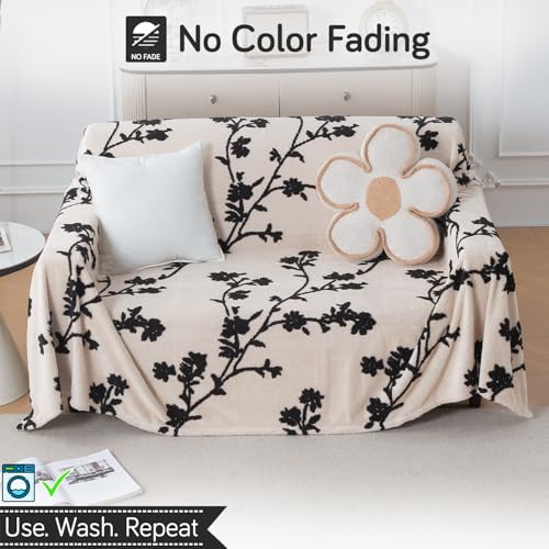 Image of HOKIPO Soft Plush Sofa Throw Cover for 2 Seater Sofa - Luxury All-Season Sofa Cover, 'Noirea Series' Botanical Vine (180x250 cm) (AR-6652-D5)