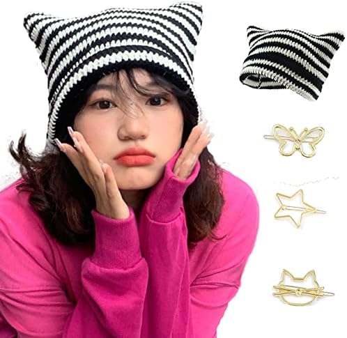 Cat Ear Beanie Y2K Striped Crochet Hats Vintage Grunge Accessories Slouchy Beanies for Women Black White
