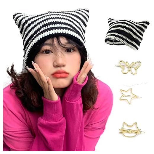 Cat Ear Beanie Y2K Striped Crochet Hats Vintage Grunge Accessories Slouchy Beanies for Women Black White