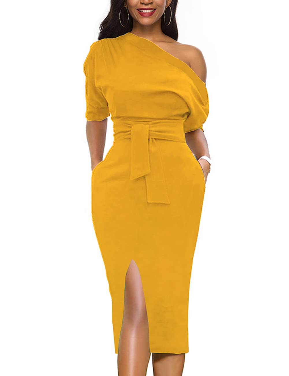 Womens Classy Off Shoulder Short Sleeve Belted Side Slit Midi Pencil Dress with Pockets