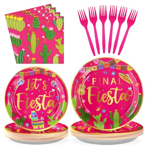 Image of Grencian 96Pcs Final Fiesta Bachelorette Taco Party Decorations, Serves 24 | Hot Pink Mexican Cactus Plates and Napkins Tableware Sets Mexican Decorations for Cinco De Mayo Let's Fiesta Party Supplies
