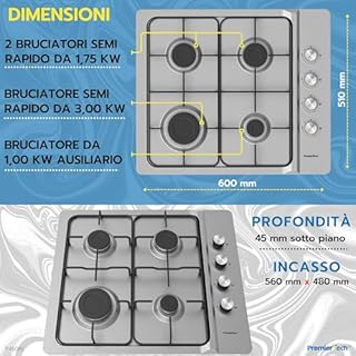 PremierTech Piano Cottura a Gas, 4 fuochi, 60cm, da Incasso 56x48cm, Acciaio Inox, predisposto Metano e kit ugelli GPL inclusi, P460IN