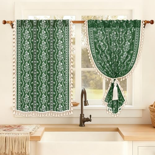 Image of Yinhua Boho Kitchen Curtains 36 Inch Length Vintage Linen Cafe Curtains Light Filtering Bohemian Floral Tier Rod Pocket Farmhouse Rustic Tassel Small Drapes with Tiebacks, 2 Panels, Olive Green