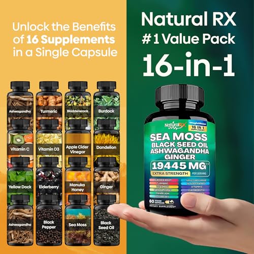 Organic Irish Sea Moss Capsules Sea Moss 7000mg Black Seed Oil 4000mg Ashwagandha 2000mg Turmeric Bladderwrack Burdock & Ginger Vitamin D3 with Elderberry Manuka Dandelion- 60 Veggie Capsules
