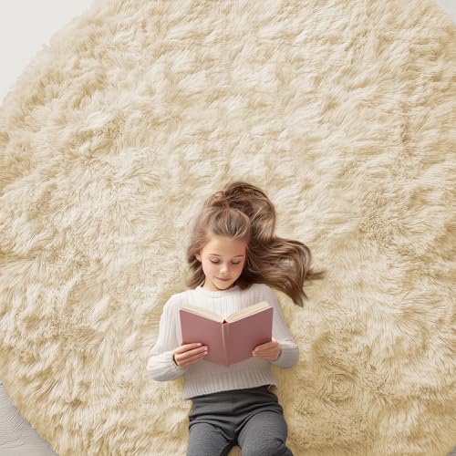 OLANLY Cream Round Rugs for Bedroom - Machine Washable, 7
