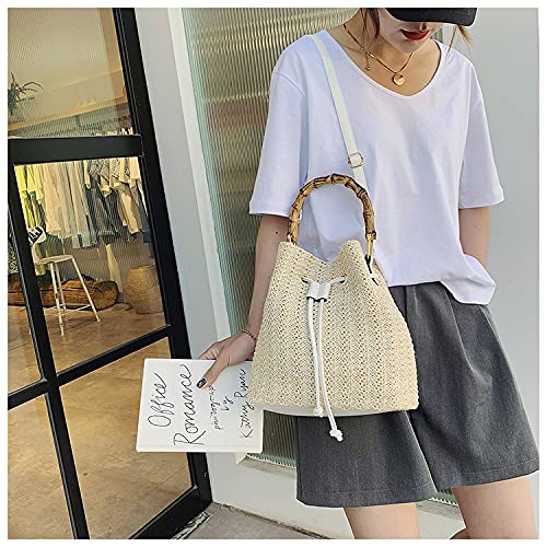 Handheld Straw Bag Fashionable Shoulder Crossbody Bag Bamboo Bag Bucket Bag-White4