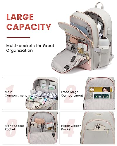 Lovevook Laptop Backpack For Women, 15.6 Inch Anti Theft Travel Backpack With Usb Port, Stylish Casual Daypack For College, Large Capacity Teacher Nurse Work Backpack Purse, Grey & Pink #TOP1