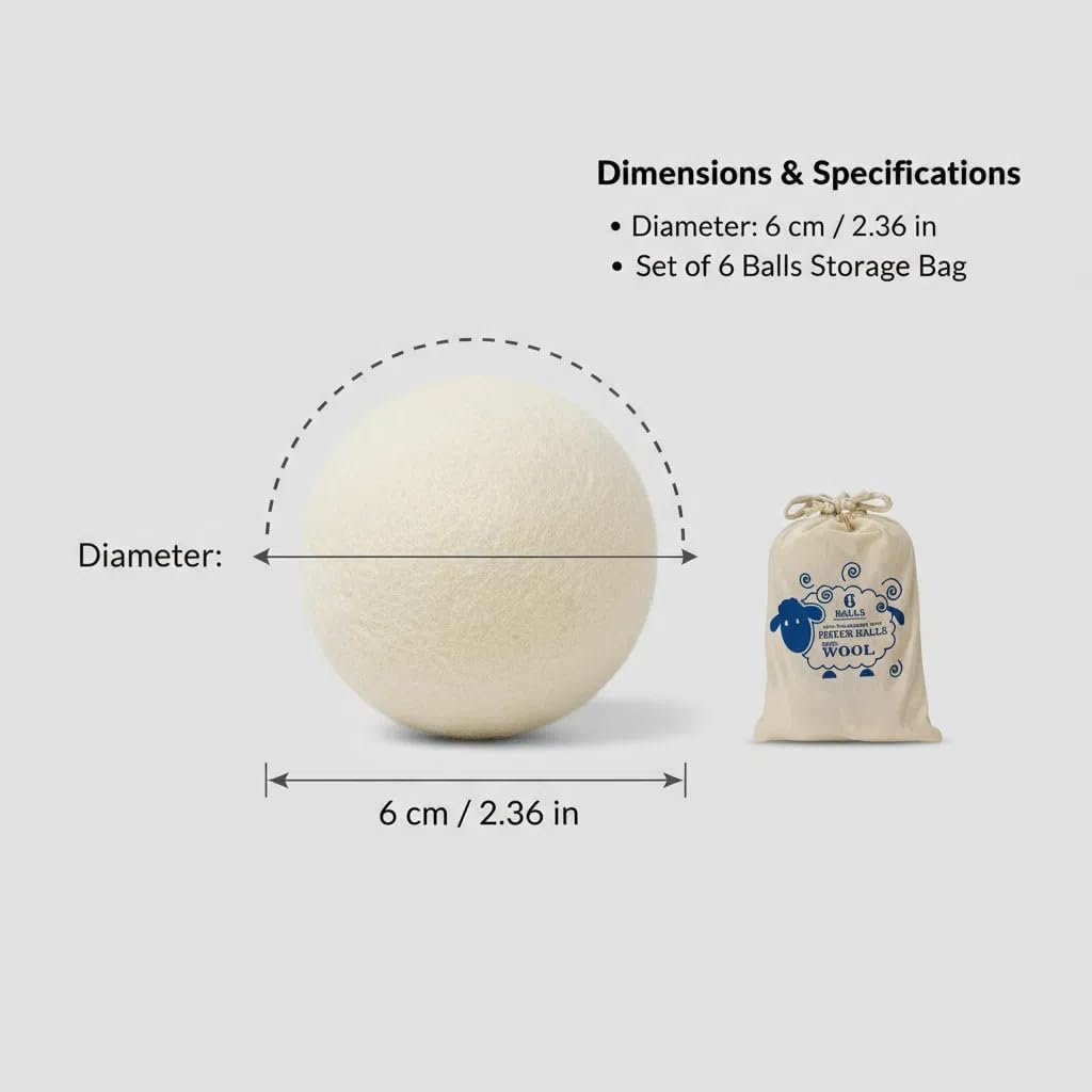Wool Dryer Balls, Dryer Balls Laundry Reusable, Natural Fabric Softener, Reduces Clothing Wrinkles and Saves Drying Time (Pack of 6)