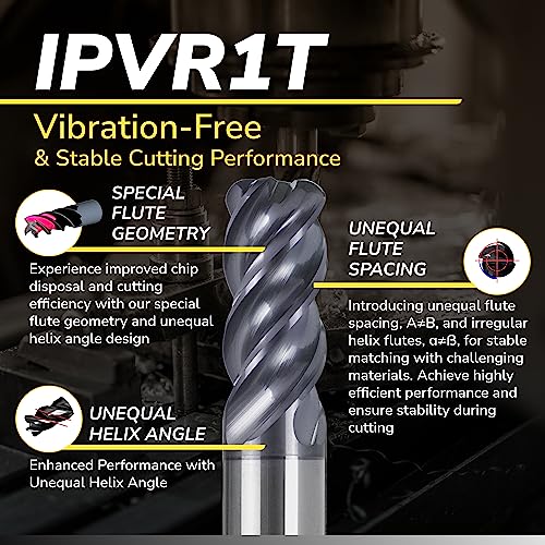 Image of SPEED TIGER Carbide Corner Radius End Mill - 4 Flute - IPVR1T1 /2 0.125 inch 4 (1 Piece, R0.125, 1 /2 inch) - Unequal Flute Spacing & Helix Design - for Titanium - Mill Bits Sets for DIYers & Professionals
