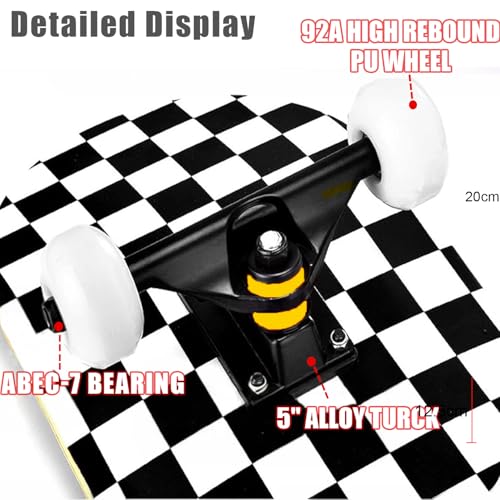 ERNAN Skateboard 31x8 Zoll Komplette für Kinder Jugendliche Erwachsene, komplettes Standard-Skateboards, 7 Schichten Ahorn-Deck, konkaves Skateboard (Black and White Check)