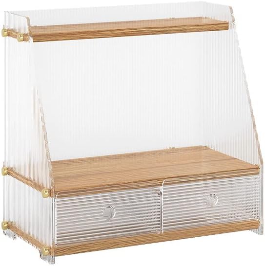 Miniatura 7 de Organizador de baño, organizador de tocador, hecho de acrílico y tablero de densidad, 2 niveles y dos cajones, organizadores para el cuidado de la