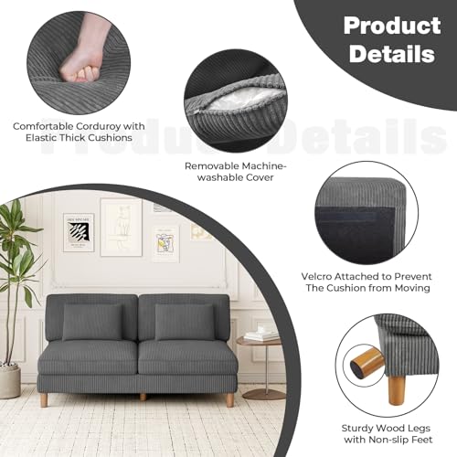 Vesgantti Cord 3 Sitzer Sofa ohne Armlehne, 166cm Modernes Dreiersofa mit Kissen, Kombination Sofa perfekt für Wohnzimmer, Schlafzimmer, Büro, werkzeuglose Montage, 166 * 88 * 84cm