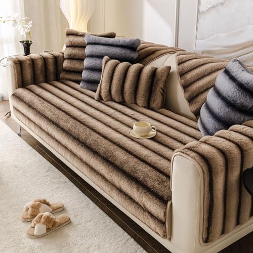 Huierxun Stripe Faux Fur Fleece Sofa Cover Brown Ombre Sectional