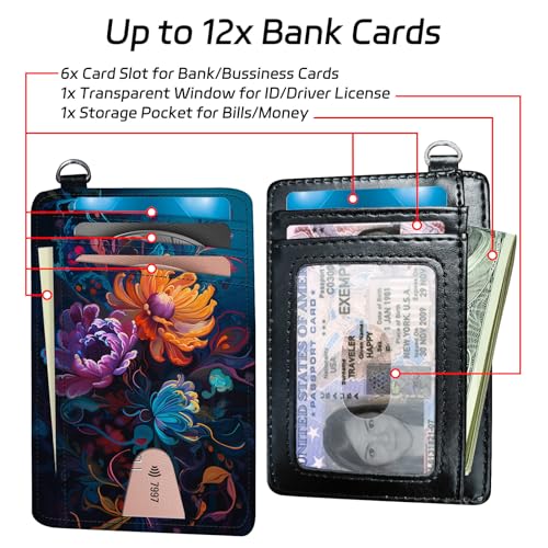 Credit Card Holder Slim Wallet with Wristlet Lanyard,Leather Front Pocket Purse RFID Blocking Wallet Card Case with ID Window for Women & Men-Art Flowers3