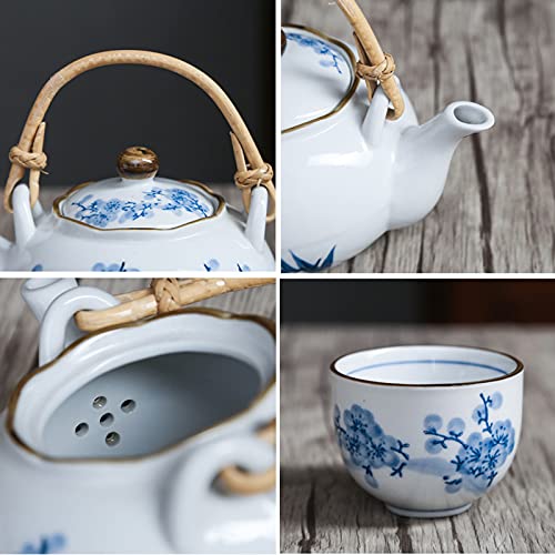 fanquare Juego de Té Japonés de Porcelana Azul y Blanca, Servicio de Té de Flor de Ciruelo, Tetera de Cerámica con Mango… - Imagen 7