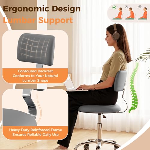 Image of Rolling Stool Chair with Wheels, Office Drafting Chair with Back Support, Height Adjustable Standing Desk Stool with PU Leather Cushion for Home Office Kitchen Vanity Salon Garage Tattoo Dentist, Grey