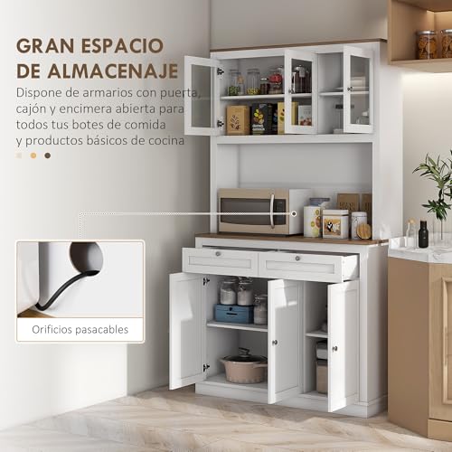 HOMCOM Alacena de Cocina, Mueble Auxiliar de Cocina, con 3 Puertas de Vidrio, Encimera Abierta para Microondas, 2 Cajones y Estantes Ajustables, 100x40x180 cm, Blanco - imagen 4