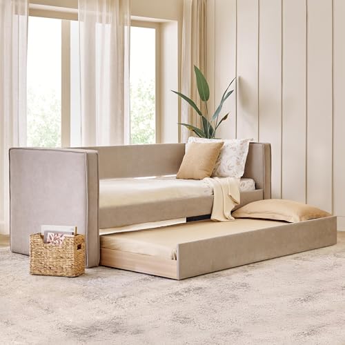 Image of Home Centre | Hive Fabric Day Bed with Trundle | Wooden Bed for Bedroom | Engineered Wood | Beige | 1 Year Warranty