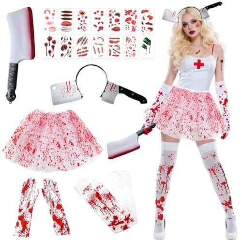 Zombie Krankenschwester Kostüm Damen, 6 Teiliges Horror Krankenschwester Kostüm mit Blutige Tutu-Röcken, Halloween Machete, Blutige Handschuhe und Strumpf, für Halloween Party Cosplay