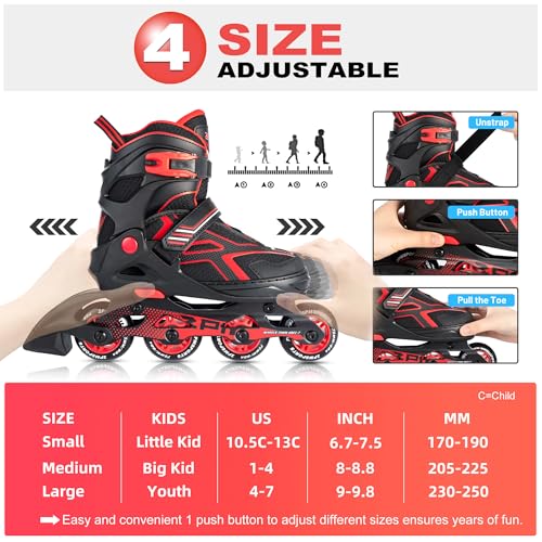 2PM SPORTS Torinx Green Boys Adjustable Inline Skates, Fun Beginner Roller Skates for Kids, Youth, Girls, Men and Women (Red, Small - Little Kid (10.5C-13C US))