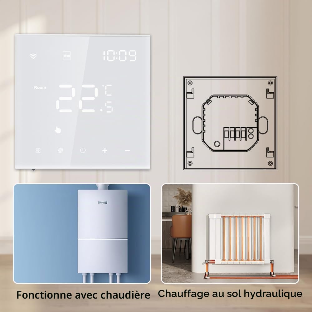 Thermostat Connecté WiFi Chauffage de l'eau Thermostats d'Ambiance Programmable Régulateur de Température Mural avec LCD Numérique Compatible Tuya 3A,Blanc