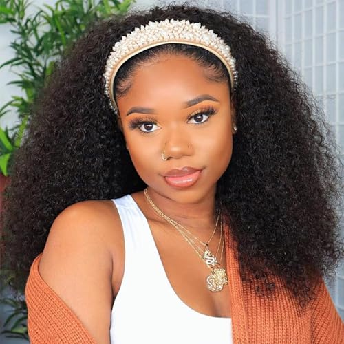 Image of Headband Wig Human Hair Kinky Curly Glueless Wigs 24 Inch Natural Black