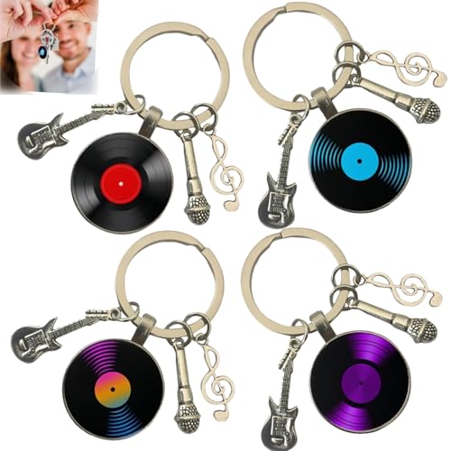 JFangZHZH Porte-clés rétro en Vinyle,4 Pièces Porte-Clés Gramophone Rétro Guitare personnalisée,Pendentif de Sac,Porte Clés Thème Musique,Cadeau pour...