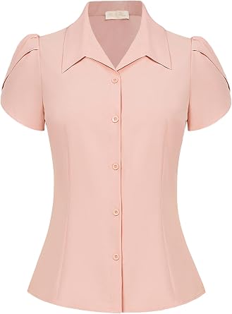 Belle Poque Summer Short Sleeve Button Down Blouse for Women V Neck Vintage Business Casual Shirts Tops