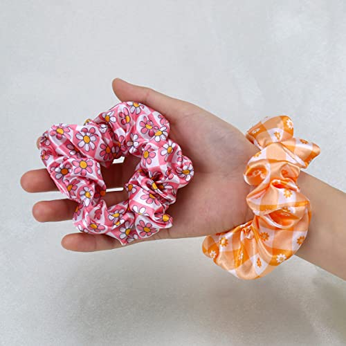 Flower Hair Ties Pink Elastic Hair Scrunchies Hair Bands Stretchy Flower Hair Ropes Hair Loop Daisy Sunflower Bee Cherry Blossom Hair Accessories For Women (Plaid Flower) #TOP3