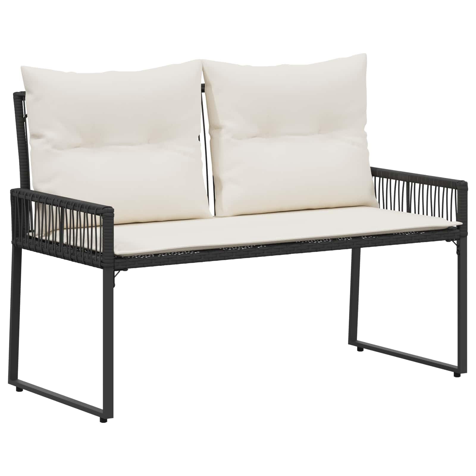 Banc de jardin haut de gamme en polyrotin noir résistant aux UV avec coussin confort