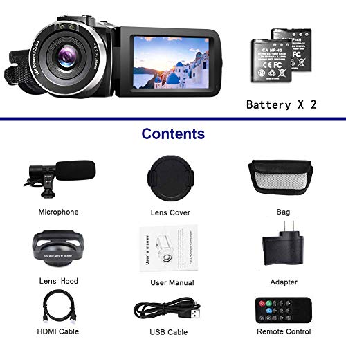 Video Camera 4K Camcorder Vlogging Camera with Microphone YouTube Camera Recorder Ultra HD 30MP 3.0\" IPS Touch Screen with Lens Hood & 2 Batteries - Thumbnail 3