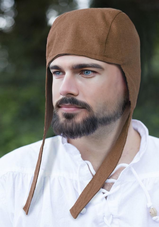 FURPHI Medieval Coif Cap Linen Hats with Ear Flaps Renaissance Bonnet Halloween Christmas Costume - Image 6