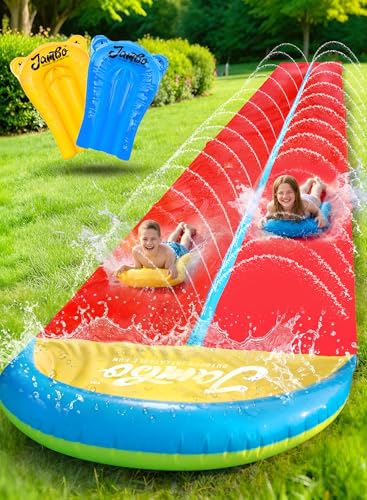 JAMBO 32FT Extra Extra Long Slip Splash and Slide, 2 Bodyboards, Heavy Duty Water Slide with Inflatable Crash Pad, Double Lane Slip Slides, Outdoor Backyard Water Slides n Toys for Kids