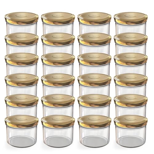 Oputec 24 x 230 ml Einmachgläser mit Schraubdeckel Gold – Perfekt für Marmeladen, Konfitüren und mehr, kleine Gläser mit Deckel, ideal als Mini-Marmeladengläser und Schraubgläser