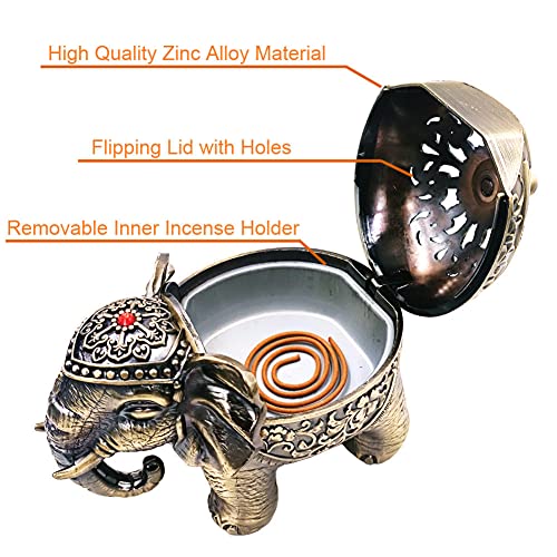 Hourwof Metal Elephant Incense Holder,Decorative Cone Coil Incense Burner Holder With Lid,Ash Catcher,Aromatherapy Ornament Home Office Decor,Bronze #TOP1