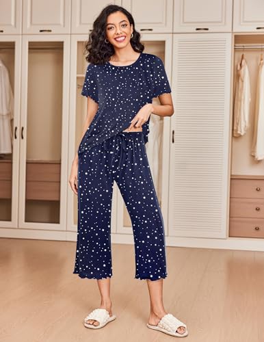 Image of Ekouaer 2 Pack: Women's Pajamas Set Short Sleeve Sleepwear Capri Pants Pjs Soft Loungewear with Pockets