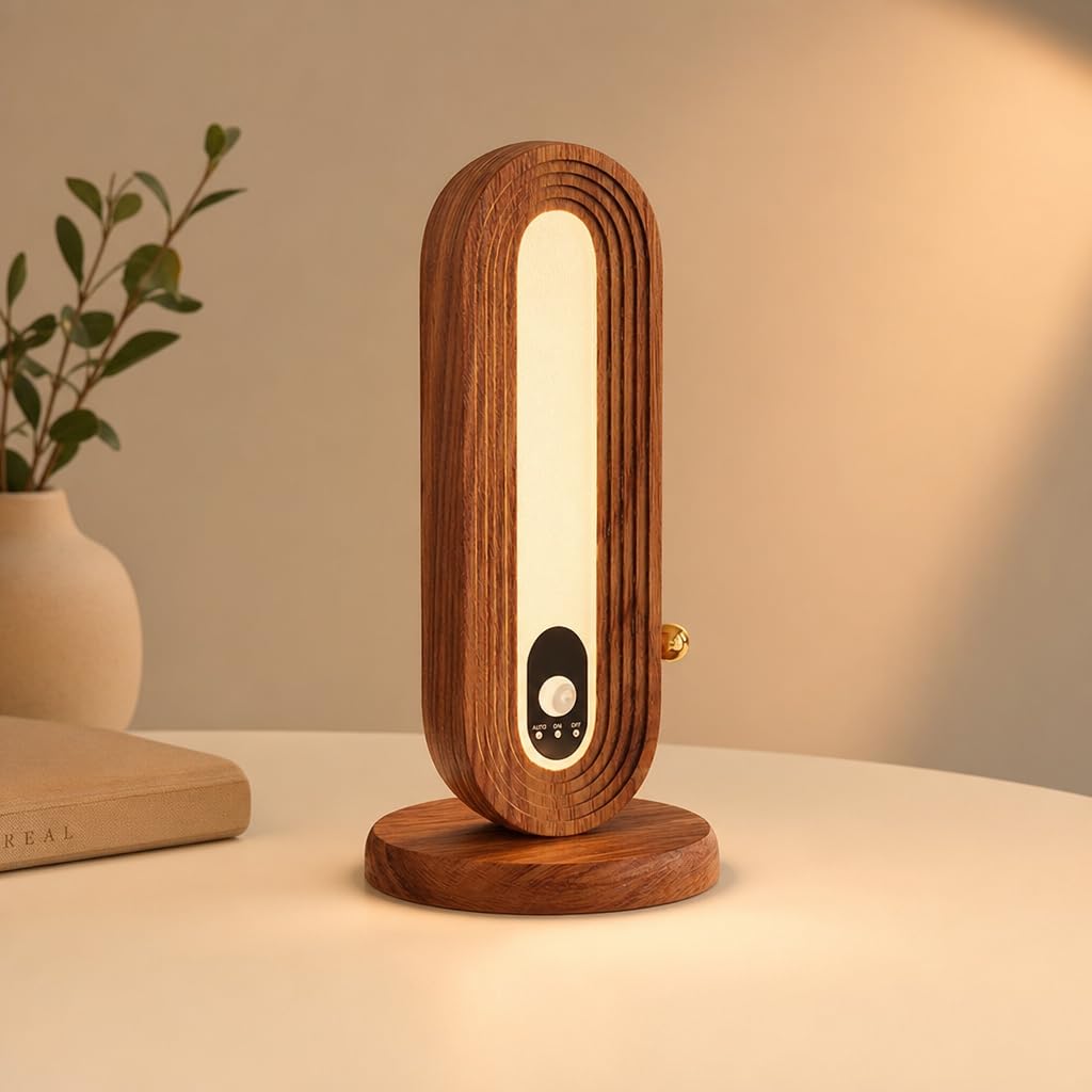 LED Tischlampe mit Bewegungsmelder Holz Akku Tischleuchte Kabellos 3000K Warmweiß Dimmer Nachtlicht Ohne Otromanschluss Wandleuchte Magnetisch Sensorlampe Batteriebetrieben mit Schalter