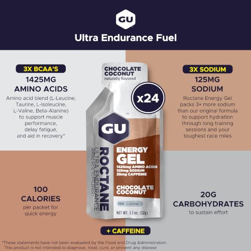 Image of GU Energy Roctane Ultra Endurance Energy Gel, Vegan, Gluten-Free, Kosher, and Dairy-Free On-The-Go Sports Nutrition for Running, Biking, Hiking or Skiing, Chocolate Coconut,24-Count