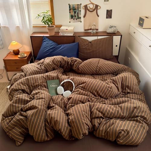 Image of Brown Striped Duvet Cover Twin Size Retro Stripes Bedding Set Vintage Vertical Stripe Soft Lightweight Microfiber Comforter Cover Set with Zipper Closure and 1 Pillowcase