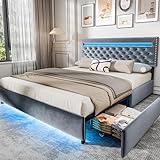 BedsPick Queen Size Bed Frame with LED Lights, Velvet Upholstered Platform Queen Bed Frame with 2 Storage Drawers and Adjustable Headboard, No Box Spring Needed Queen Bedframe, Noise Free, Light Grey