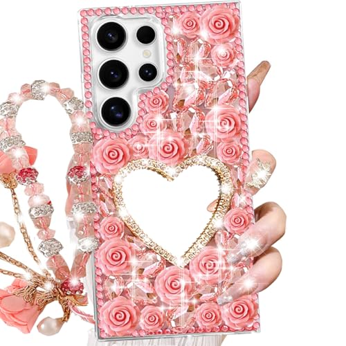 Coque Samsung Galaxy Ultra strass 3D miroir maquillage et cordon antichoc