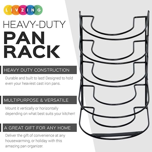 Image of Livzing 5 Tier Pan Rack Organizer for Kitchen | Heavy Duty Metal Pot & Pan Stand | Space Saving Cookware Holder for Tawa, Frying Pan, Kadai | Cabinet & Countertop Storage Rack (Black, 30.5x20x23 cm)