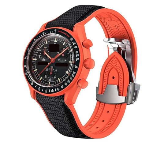 YHMOO 20mm Watch Strap for Omega x Swatch MoonSwatch Watch,Folding Buckle Band Compatible Omega X Swatch Moonswatch Speedmaster Men Women (BLACK ORANGE)
