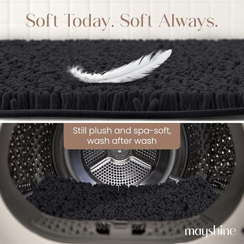 Image of MAYSHINE Small Plush Shaggy Chenille Bath Mat 23 inchx14 inch| Extra Soft, Super Absorbent, Non-Slip Bathroom Rug | Fluffy Microfiber, Area Rug Sets for Bathroom Floor, Kitchen, Living Room |Black