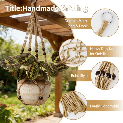 GEEKEO Blumenampel Hängend Innen, 4er Set Makramee Hängeampel mit Haken, Makramee Pflanzenhänger Innen Pflanzkorb Hängender, Boho Deko Baumwollseil Hängepflanzen Topf für Balkon Fenster Deko