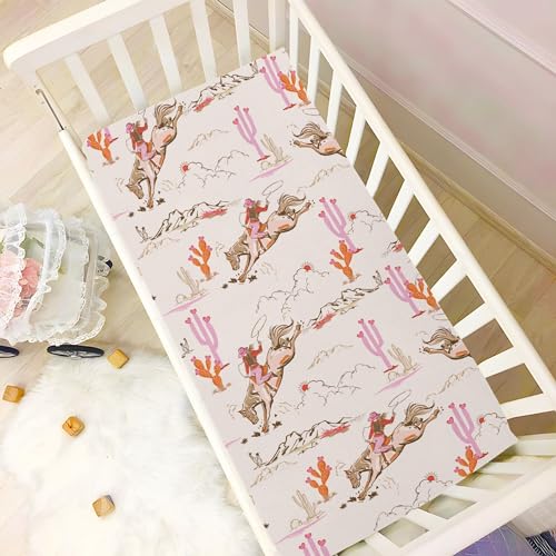 Image of Cowgirl Western American Crib Sheets Soft Breathable Fitted Baby Crib Sheets Mattress Cover for Girl Boys, 52 inch x 28 inch x 9 inch