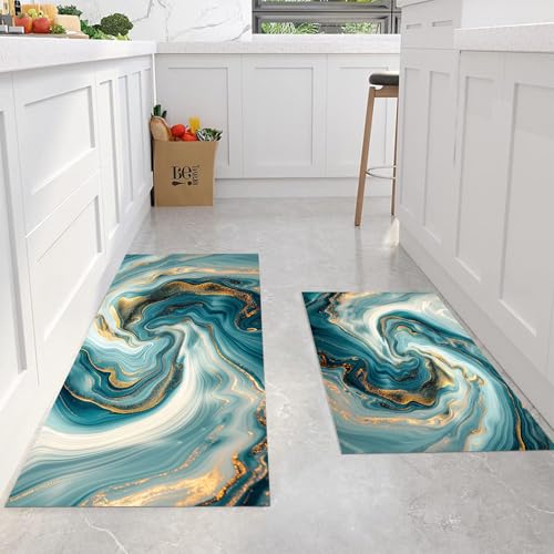 Tapis de cuisine lavable vert émeraude et feuille d'or