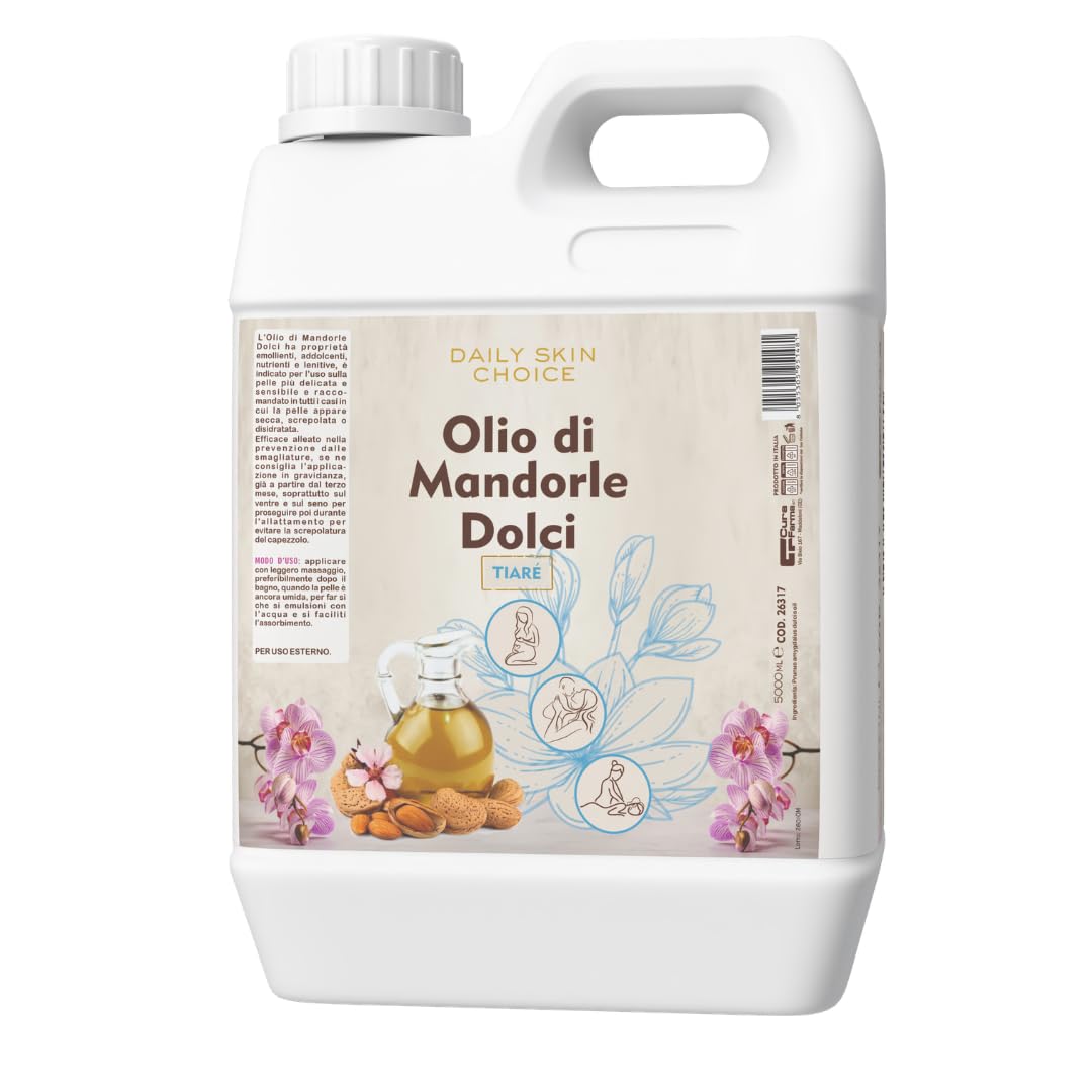 Süßmandelöl mit Tiaré-Duft, 5 l, beruhigendes und pflegendes Körperöl für Massage, nach der Dusche und nach dem Wachsen – Professionelle Größe