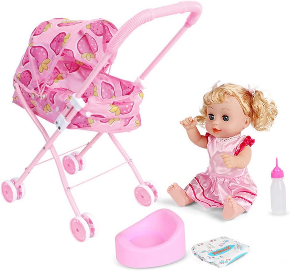 Baby Doll Pram, 1 Set Foldable Baby Doll Stroller with Baby Girl Doll